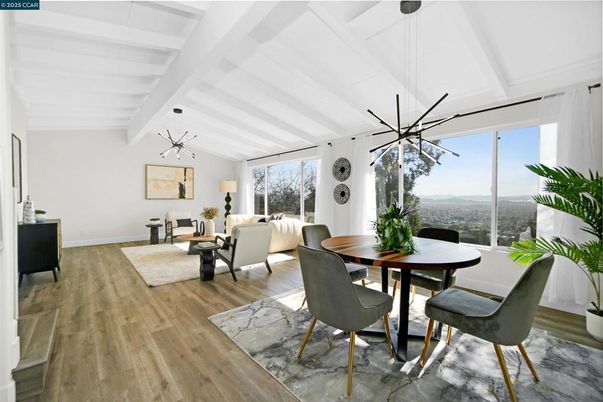 Dining room, Interior, Living room, Pendant Lights, Wood Texture Flooring