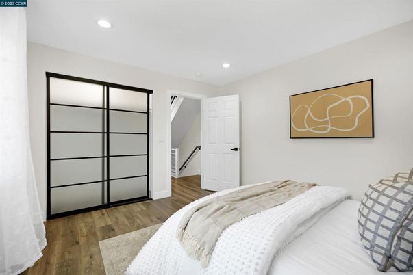 Bedroom, Interior, Recessed Lighting, Wood Texture Flooring