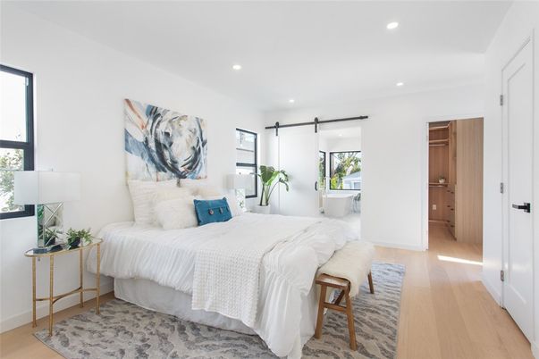 Bedroom, Interior, Recessed Lighting, Wood Texture Flooring