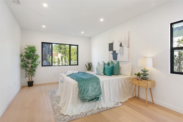 Bedroom, Interior, Recessed Lighting, Wood Texture Flooring
