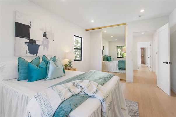 Bedroom, Interior, Recessed Lighting, Wood Texture Flooring