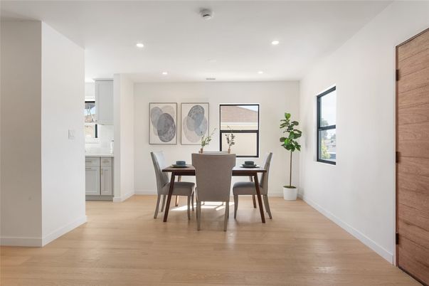 Dining room, Interior, Recessed Lighting, Wood Texture Flooring