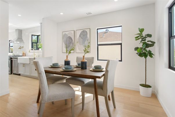 Dining room, Interior, Kitchen, Recessed Lighting, Wood Texture Flooring