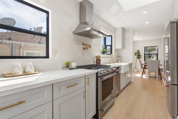 Dining room, Interior, Kitchen, Recessed Lighting, Stainless Steel Appliances, Wood Texture Flooring