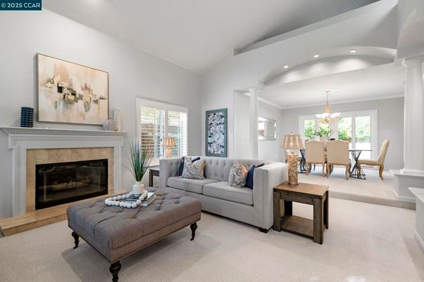 Chandelier, Dining room, Fireplace, Interior, Living room, Recessed Lighting