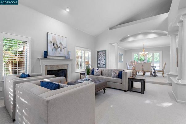 Chandelier, Dining room, Fireplace, Interior, Living room, Recessed Lighting