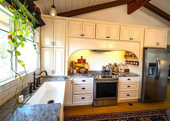 Interior, Kitchen, Stainless Steel Appliances, Wooden Beams, Wood Texture Flooring