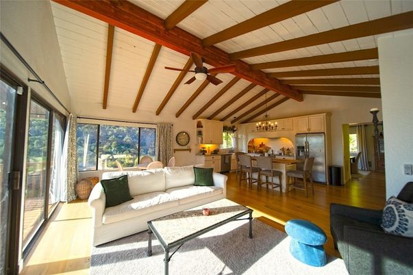 Chandelier, Dining room, Interior, Kitchen, Living room, Stainless Steel Appliances, Wooden Beams, Wood Texture Flooring