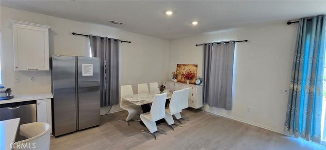 Dining room, Interior, Kitchen, Recessed Lighting, Stainless Steel Appliances, Wood Texture Flooring