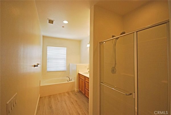 Bathroom, Glass Shower, Interior, Recessed Lighting, Wood Texture Flooring