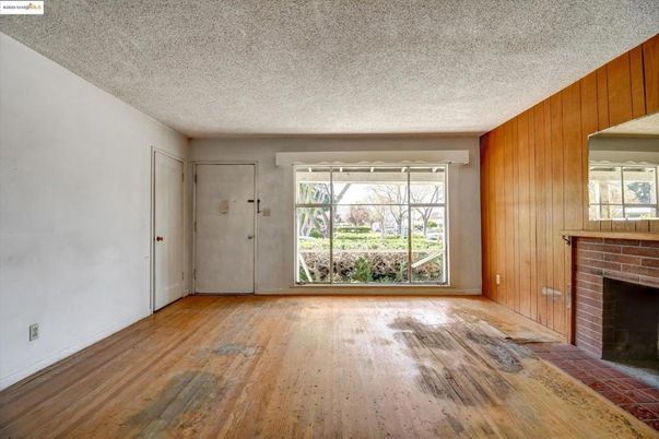 Empty room, Fireplace, Interior, Wood Texture Flooring, Wooden Walls