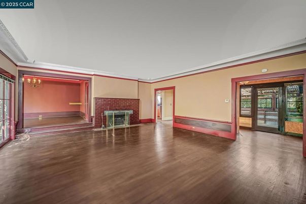 Chandelier, Empty room, Fireplace, Interior, Wood Texture Flooring