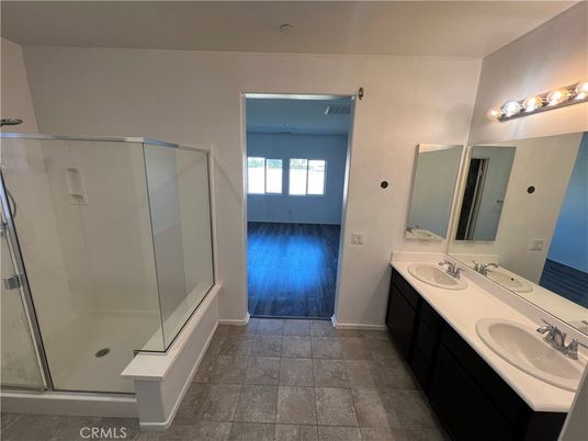 Bathroom, Dual Sink Vanities, Glass Shower, Interior, Wood Texture Flooring