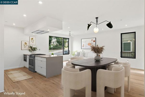 Dining room, Interior, Kitchen, Pendant Lights, Recessed Lighting, Wood Texture Flooring
