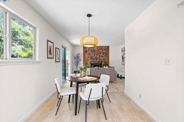 Dining room, Fireplace, Interior, Pendant Lights, Wood Texture Flooring