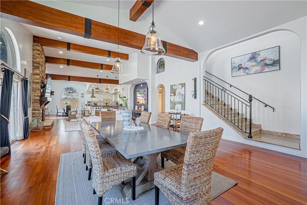 Dining room, Interior, Kitchen, Pendant Lights, Recessed Lighting, Wooden Beams, Wood Texture Flooring