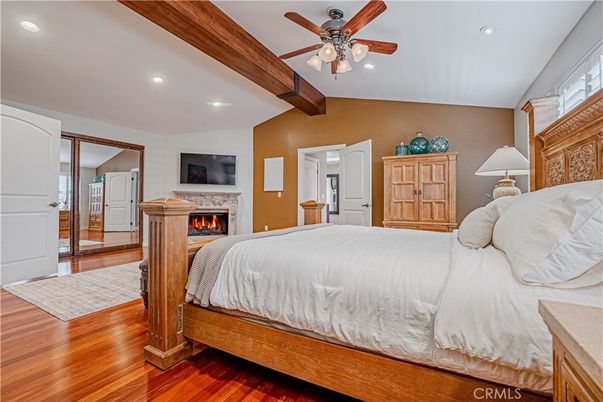 Bedroom, Fireplace, Interior, Recessed Lighting, Wooden Beams, Wood Texture Flooring