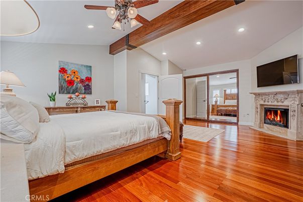 Bedroom, Fireplace, Interior, Recessed Lighting, Wooden Beams, Wood Texture Flooring