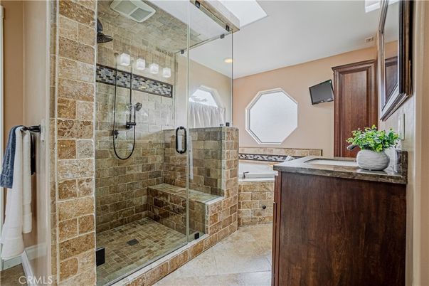 Bathroom, Glass Shower, Interior, Recessed Lighting, Stone Walls