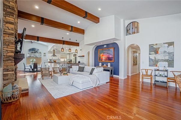 Dining room, Fireplace, Interior, Kitchen, Living room, Pendant Lights, Recessed Lighting, Stainless Steel Appliances, Wooden Beams, Wood Texture Flooring