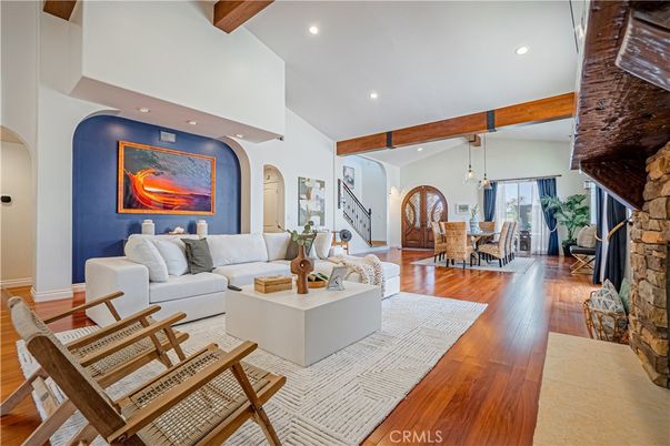 Dining room, Fireplace, Interior, Living room, Pendant Lights, Recessed Lighting, Wooden Beams, Wood Texture Flooring