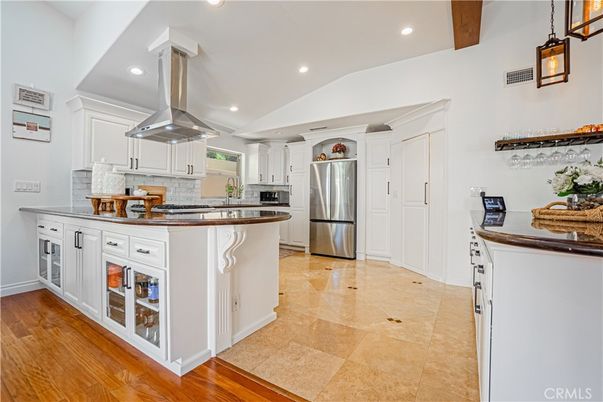 Interior, Kitchen, Pendant Lights, Recessed Lighting, Stainless Steel Appliances, Wooden Beams, Wood Texture Flooring