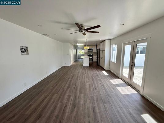 Empty room, Interior, Kitchen, Pendant Lights, Recessed Lighting, Wood Texture Flooring