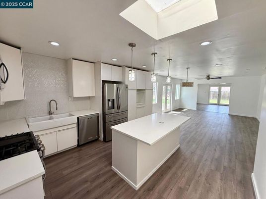 Interior, Kitchen, Pendant Lights, Recessed Lighting, Stainless Steel Appliances, Wood Texture Flooring