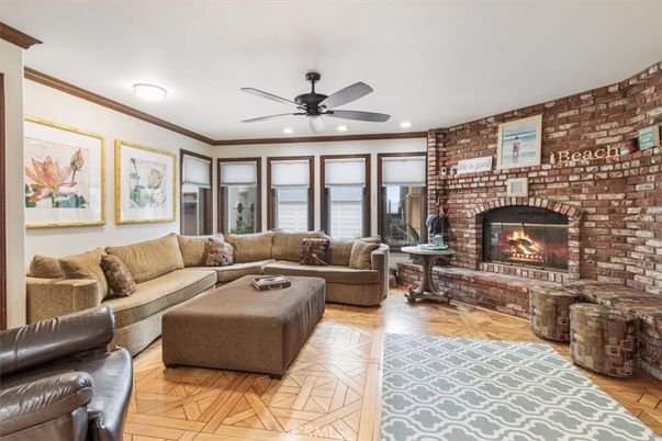 Fireplace, Interior, Living room, Recessed Lighting, Stone Walls, Wood Texture Flooring
