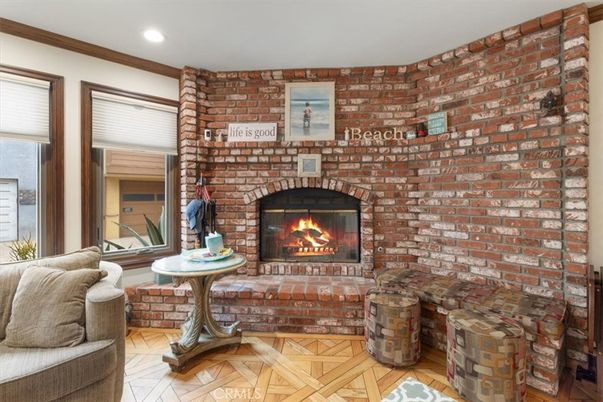 Fireplace, Interior, Recessed Lighting, Stone Walls, Wood Texture Flooring