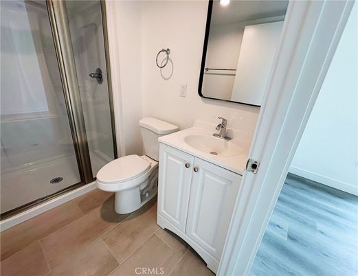 Bathroom, Glass Shower, Interior, Recessed Lighting, Wood Texture Flooring