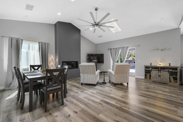 Dining room, Interior, Living room, Recessed Lighting, Wood Texture Flooring