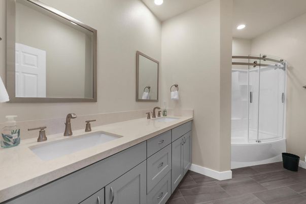 Bathroom, Dual Sink Vanities, Glass Shower, Interior, Recessed Lighting