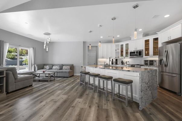 Interior, Kitchen, Living room, Pendant Lights, Recessed Lighting, Stainless Steel Appliances, Wood Texture Flooring