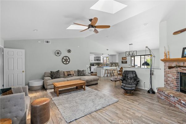 Dining room, Fireplace, Interior, Kitchen, Living room, Pendant Lights, Wood Texture Flooring