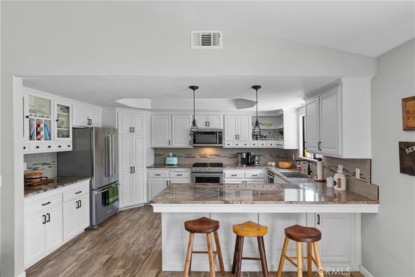 Interior, Kitchen, Pendant Lights, Stainless Steel Appliances, Wood Texture Flooring