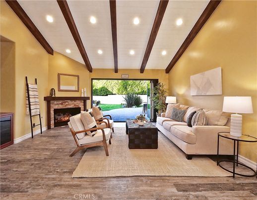 Fireplace, Interior, Living room, Recessed Lighting, Wooden Beams, Wood Texture Flooring