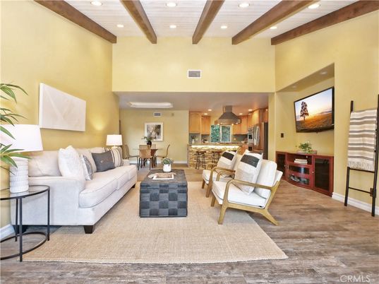 Interior, Kitchen, Living room, Recessed Lighting, Stainless Steel Appliances, Wooden Beams, Wood Texture Flooring