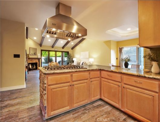 Fireplace, Interior, Kitchen, Recessed Lighting, Wood Texture Flooring