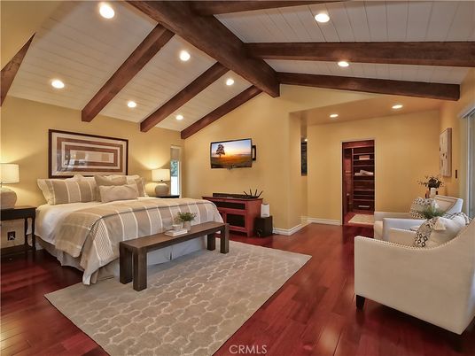 Bedroom, Interior, Recessed Lighting, Wooden Beams, Wood Texture Flooring