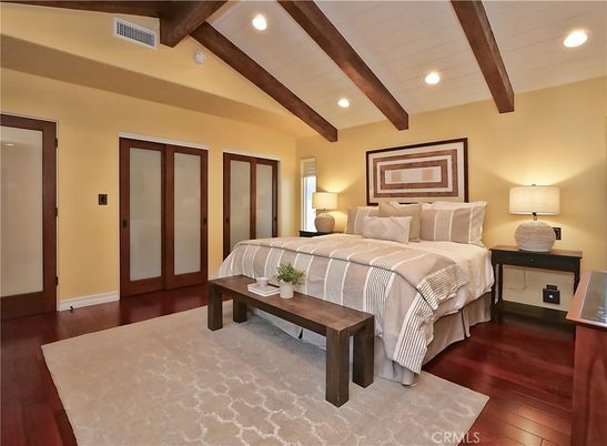 Bedroom, Interior, Recessed Lighting, Wooden Beams, Wood Texture Flooring