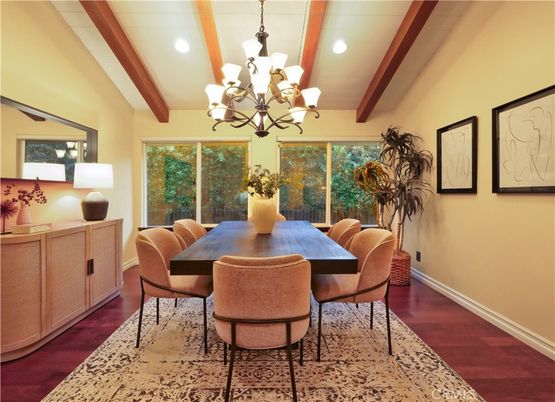 Chandelier, Dining room, Interior, Recessed Lighting, Wooden Beams, Wood Texture Flooring