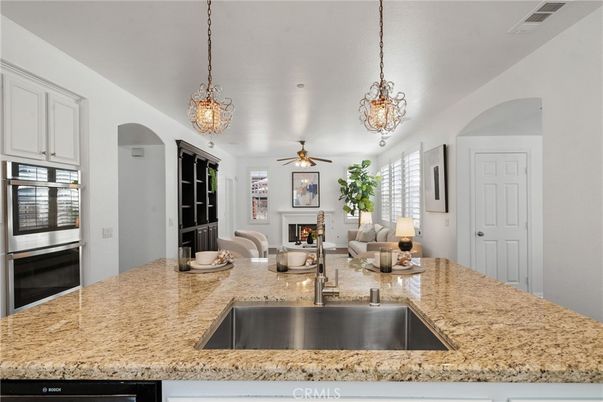 Fireplace, Interior, Kitchen, Living room, Pendant Lights