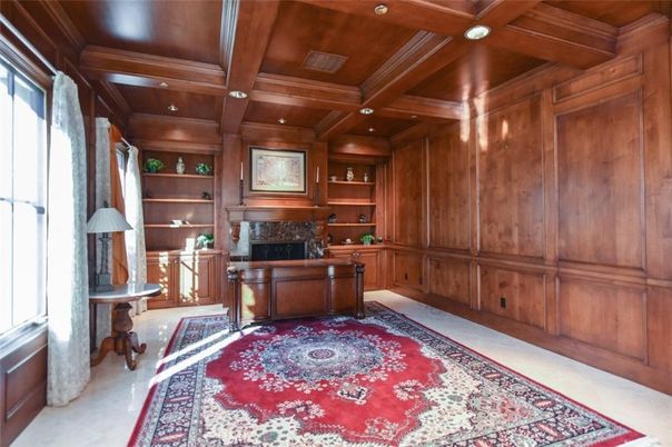 Fireplace, Home Office, Interior, Recessed Lighting, Wooden Beams, Wooden Ceilings, Wooden Walls
