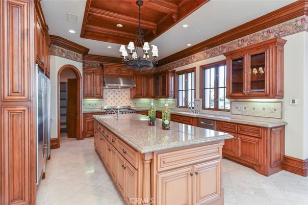 Chandelier, Interior, Kitchen, Recessed Lighting, Stainless Steel Appliances, Wooden Beams, Wooden Ceilings