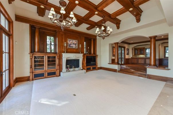 Chandelier, Fireplace, Interior, Recessed Lighting, Wooden Beams, Wooden Walls