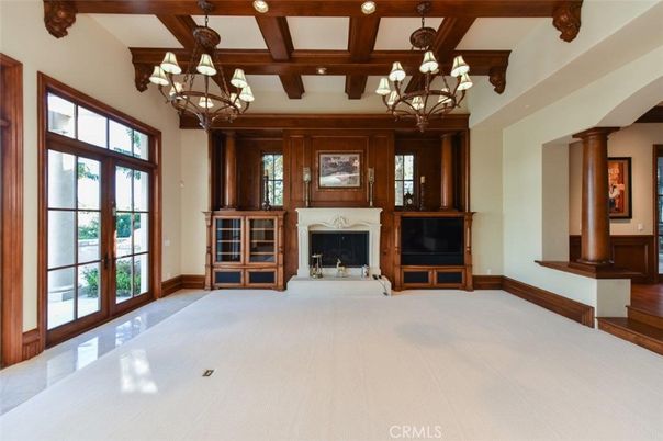 Chandelier, Empty room, Fireplace, Interior, Wooden Beams