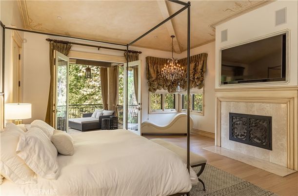 Bedroom, Chandelier, Fireplace, Interior, Wood Texture Flooring