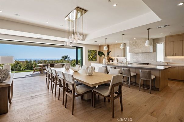Dining room, Interior, Kitchen, Pendant Lights, Recessed Lighting, Water, Wood Texture Flooring