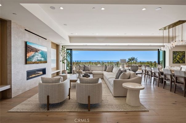 Dining room, Fireplace, Interior, Living room, Pendant Lights, Recessed Lighting, Wood Texture Flooring